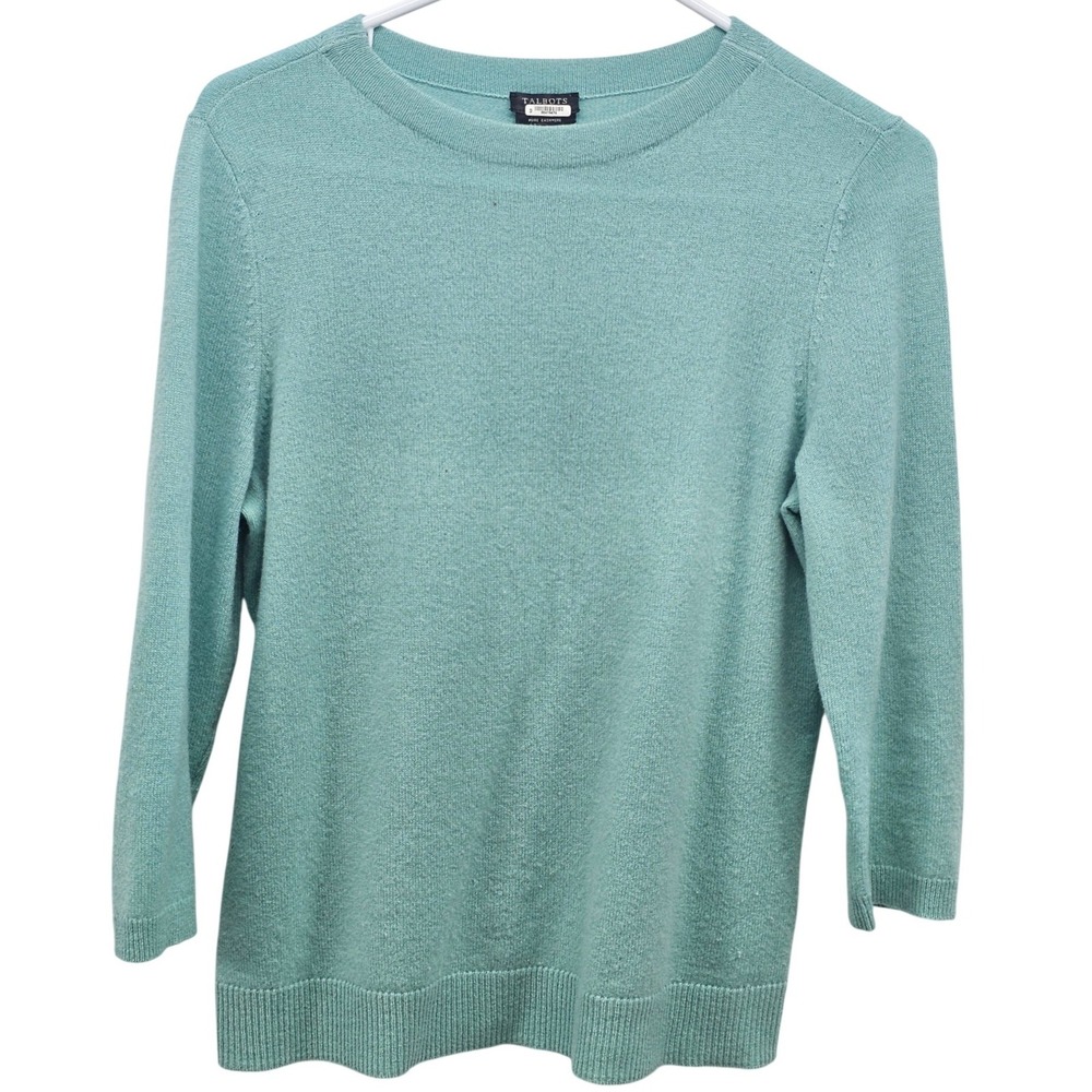 Talbots Pure Cashmere Crewneck Sweater Aqua Green 3/4‎ Sleeve Petite Medium Mp